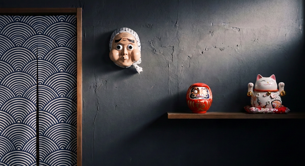 Japanese room with a seigaiha noren curtain, a hyottoko mask, a red daruma doll and a maneki neko lucky cat