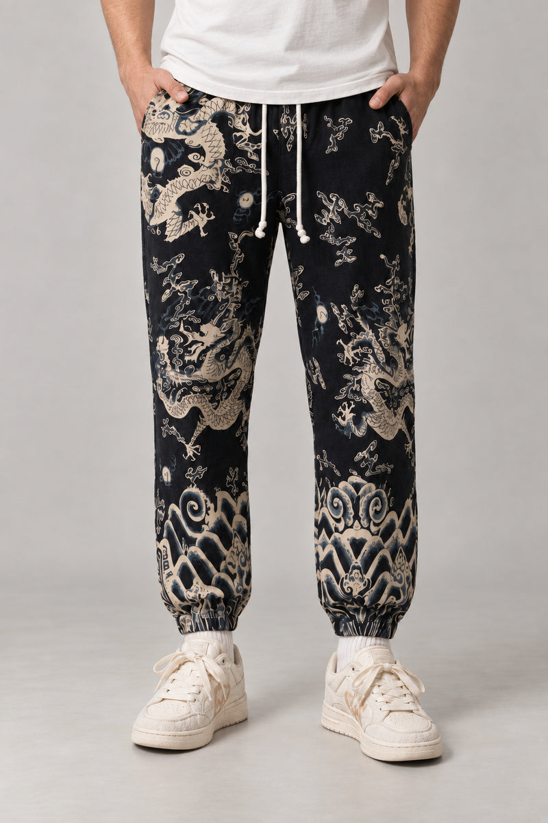 All Over Dragon Print Joggers 'Watatsumi' – back view of the black all over dragon print joggers