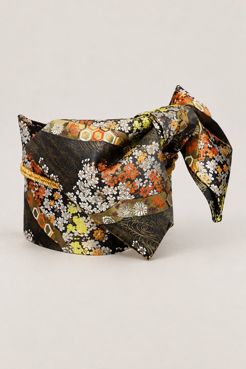 Autumn Bloom Obi Belt 'Akikusa' – black brocade obi with autumn flowers and gold hexagon lattice and gold cord, wide pre-tied brocade obi belt with sewn bow for women's kimono or yukata, studio view