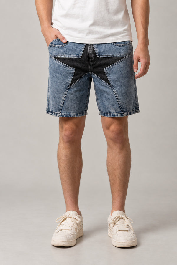 Big Star Patchwork Denim Shorts 'Hoshigata' – light blue washed denim shorts with a large black star patch, Japanese streetwear shorts, front view on model