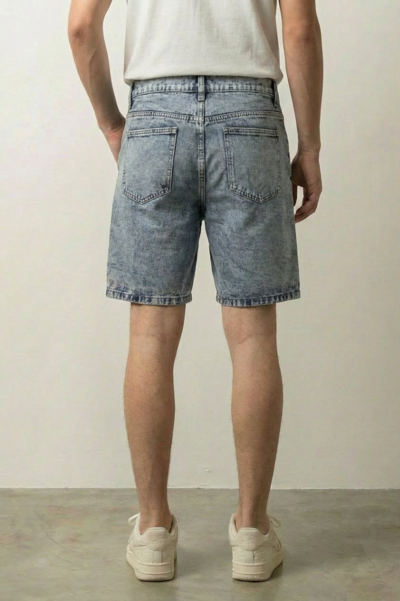 Big Star Patchwork Denim Shorts 'Hoshigata' – back view on model, studio