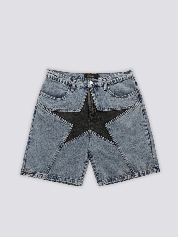 Big Star Patchwork Denim Shorts 'Hoshigata' – flat lay front view of the light blue washed denim shorts