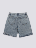 Big Star Patchwork Denim Shorts 'Hoshigata' – flat lay back view of the light blue washed denim shorts