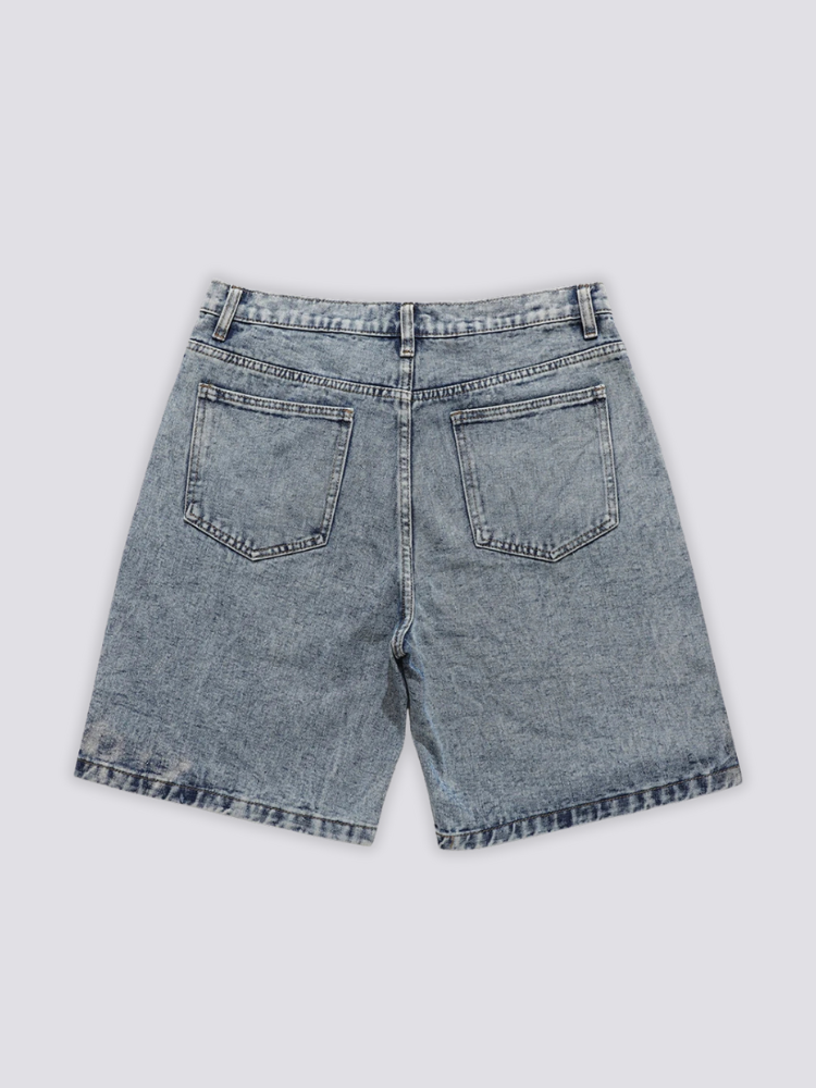 Big Star Patchwork Denim Shorts 'Hoshigata' – flat lay back view of the light blue washed denim shorts