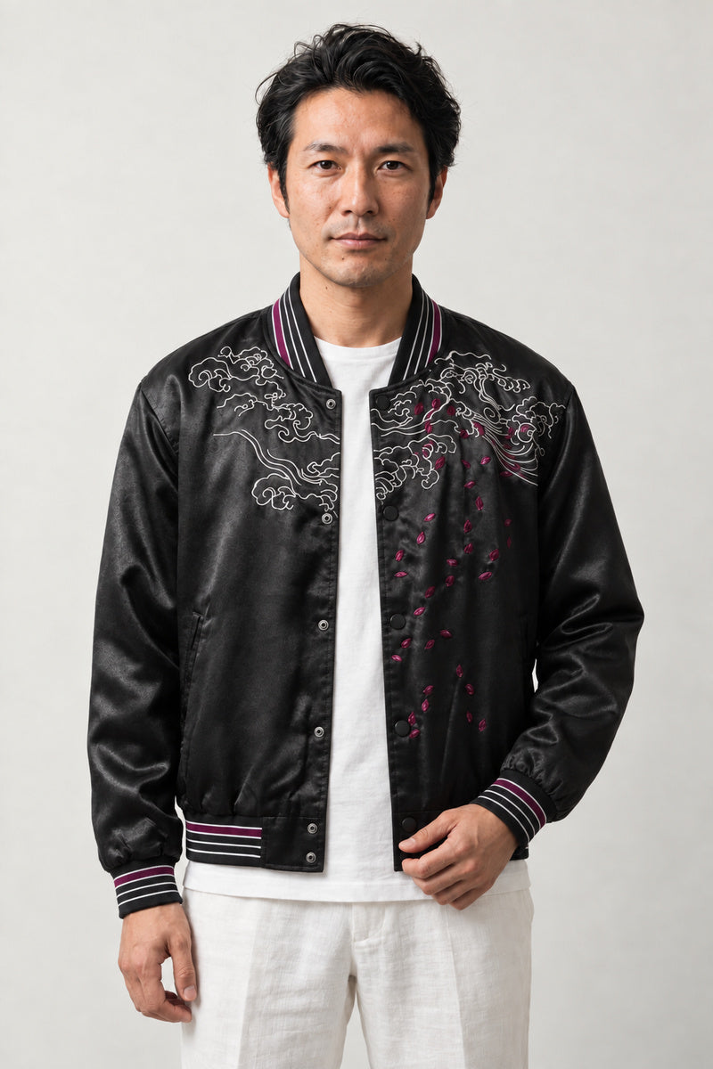 Black and Magenta Dragon Sukajan 'Enryu' – black sukajan with magenta and silver embroidered dragon, Japanese sukajan souvenir bomber jacket, front view on model