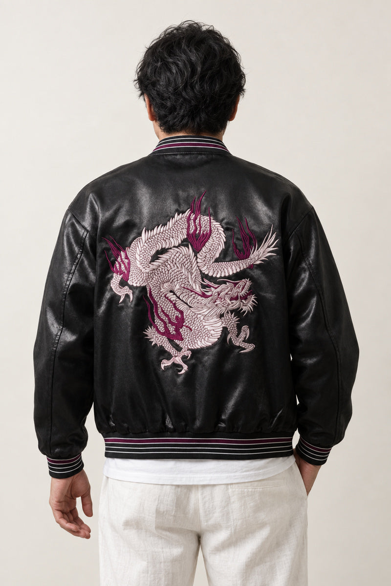 Black and Magenta Dragon Sukajan 'Enryu' – back view of black sukajan showing the large embroidered dragon in magenta and silver