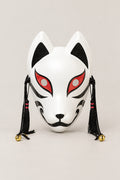 Black and White Fox Mask 'Kurogitsune' – white kitsune fox mask with black markings, red eyes, black tassels and bells, Japanese kitsune festival mask, studio view