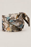 Black Brocade Obi Belt 'Ginkiku' – black brocade obi with silver chrysanthemums and cranes, wide pre-tied brocade obi belt with sewn bow for women's kimono or yukata, studio view