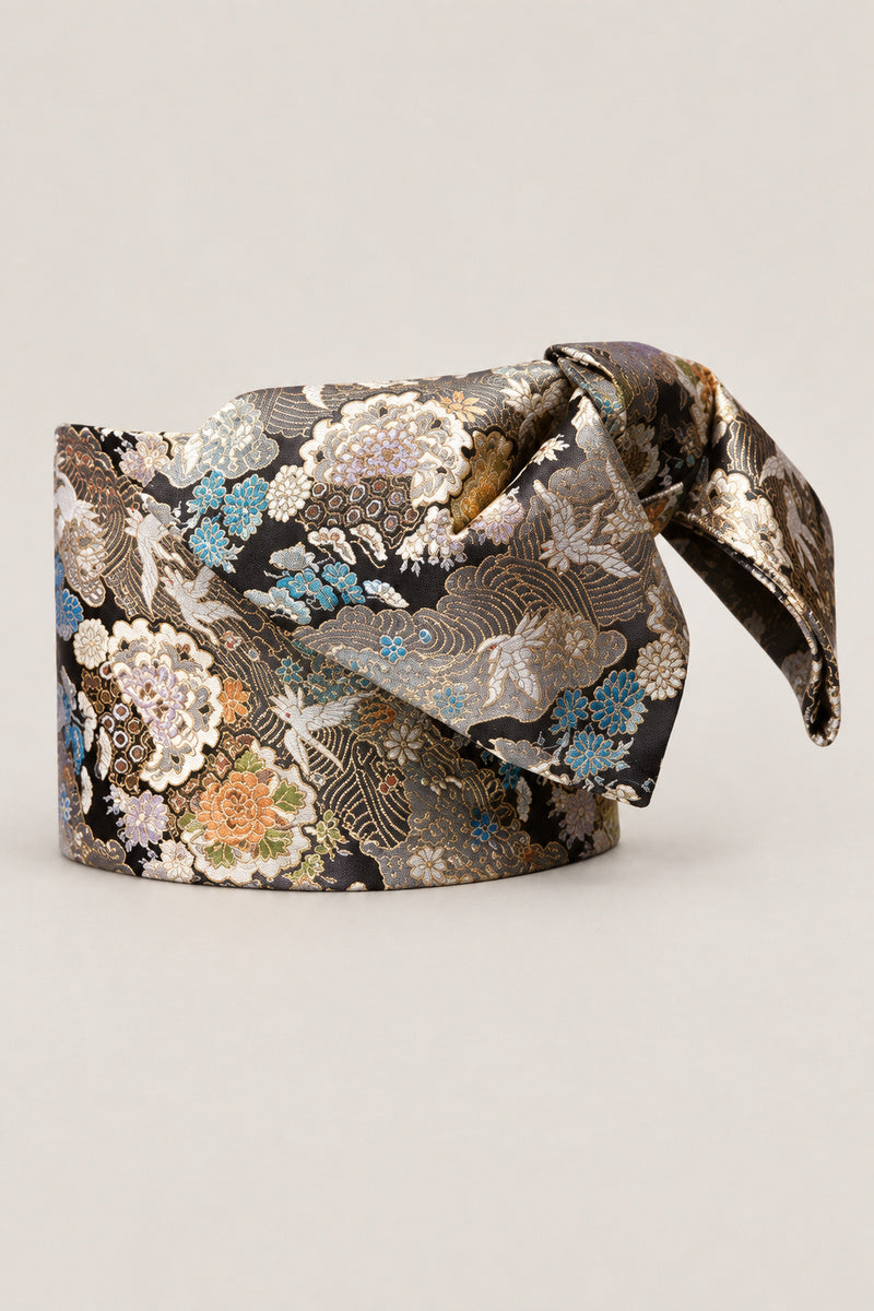 Black Brocade Obi Belt 'Ginkiku' – black brocade obi with silver chrysanthemums and cranes, wide pre-tied brocade obi belt with sewn bow for women's kimono or yukata, studio view