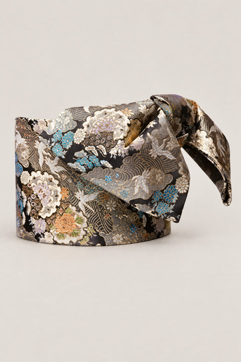 Black Brocade Obi Belt 'Ginkiku' – black brocade obi with silver chrysanthemums and cranes, wide pre-tied brocade obi belt with sewn bow for women's kimono or yukata, studio view