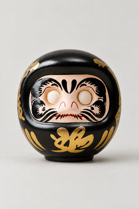 Black Daruma Doll 'Kurodaruma' – black matte ceramic daruma doll with blank eyes to paint and a gold character on the belly, Japanese wishing doll, studio view