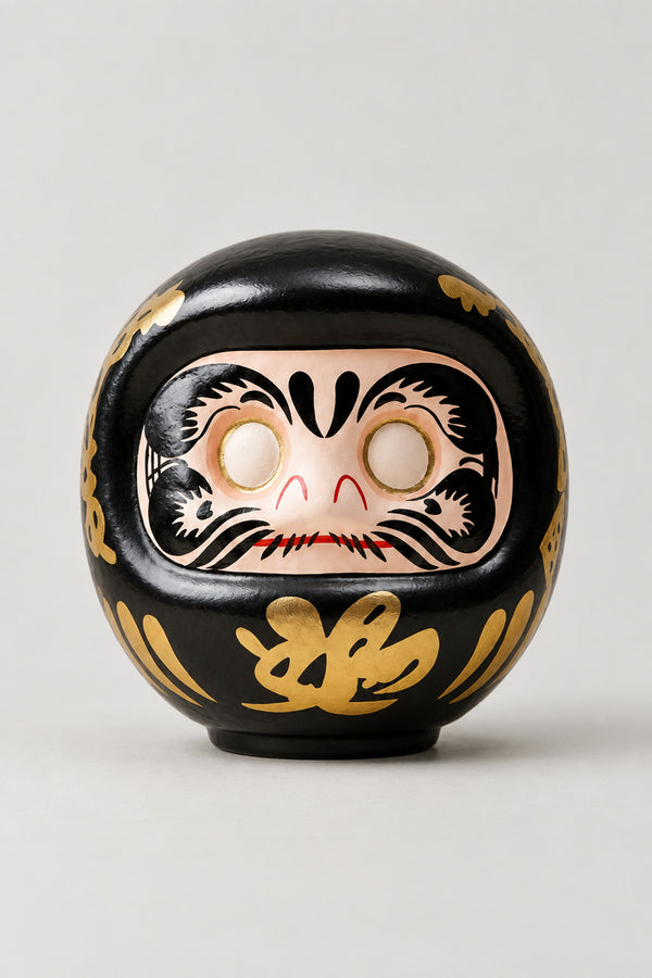 Black Daruma Doll 'Kurodaruma' – black matte ceramic daruma doll with blank eyes to paint and a gold character on the belly, Japanese wishing doll, studio view