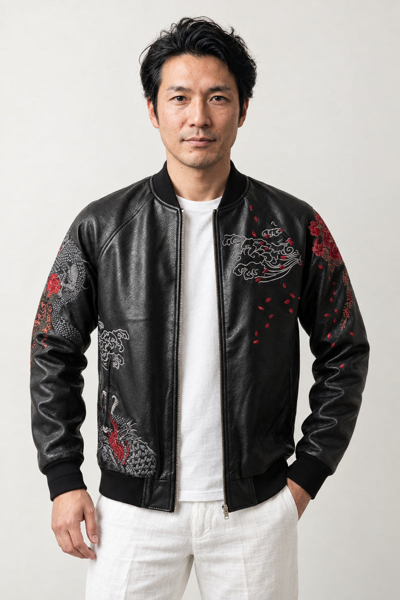 Black Dragon Sakura Sukajan 'Yamizakura' – all black sukajan with tonal embroidered dragon and cherry blossom, Japanese sukajan souvenir bomber jacket, front view on model