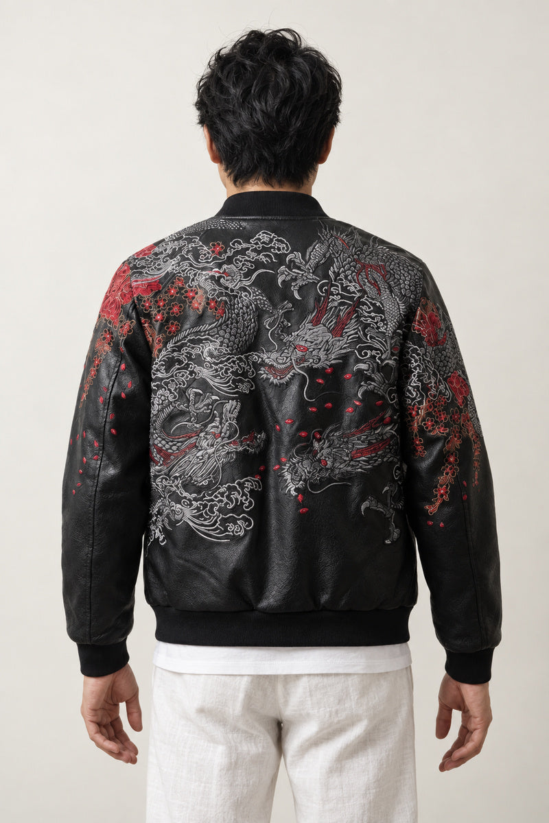 Black Dragon Sakura Sukajan 'Yamizakura' – back view of black sukajan showing the tonal embroidered dragon and sakura