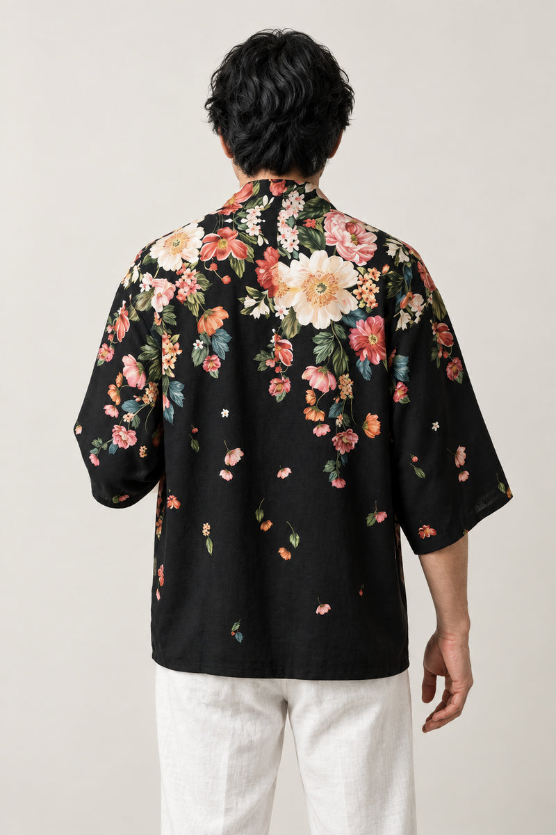Black Floral Casual Haori 'Chirihana' – back view of black haori showing peony flowers and falling petals print