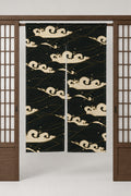 Black Gold Cloud Noren 'Yorukumo' – black noren with cream wave crests and gold flecks, split Japanese noren door curtain hung on a rod between sliding screens, studio view