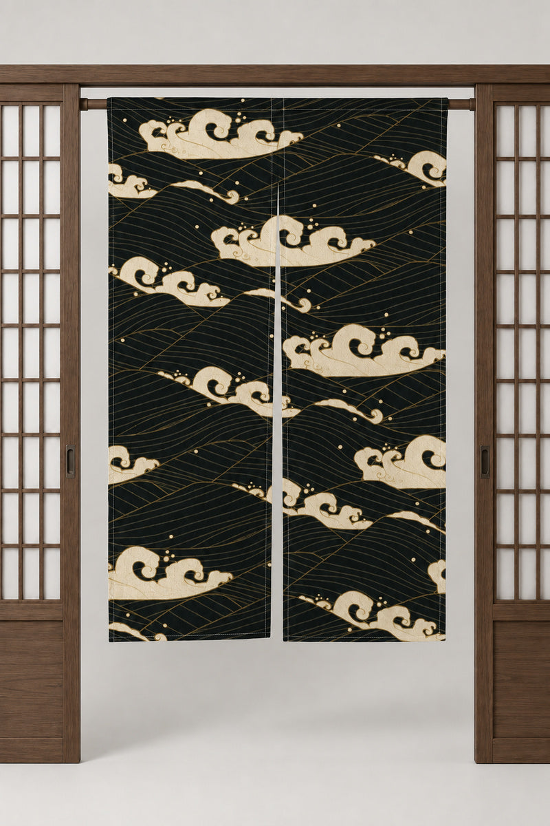 Black Gold Cloud Noren 'Yorukumo' – black noren with cream wave crests and gold flecks, split Japanese noren door curtain hung on a rod between sliding screens, studio view