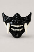 Black Half Mask 'Kuromen' – glossy black latex samurai half mask with white fangs, Japanese samurai menpo half mask, studio view