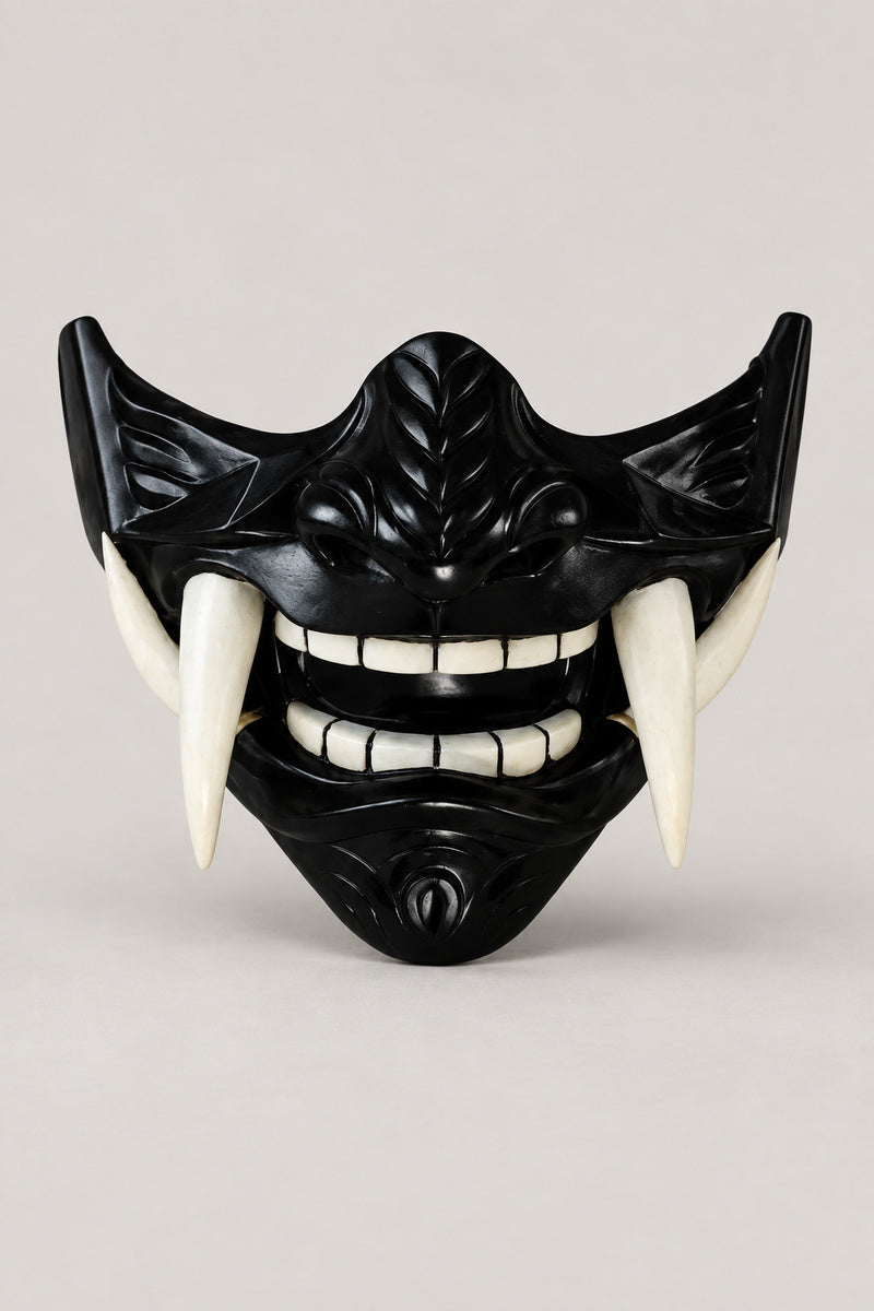 Black Half Mask 'Kuromen' – glossy black latex samurai half mask with white fangs, Japanese samurai menpo half mask, studio view