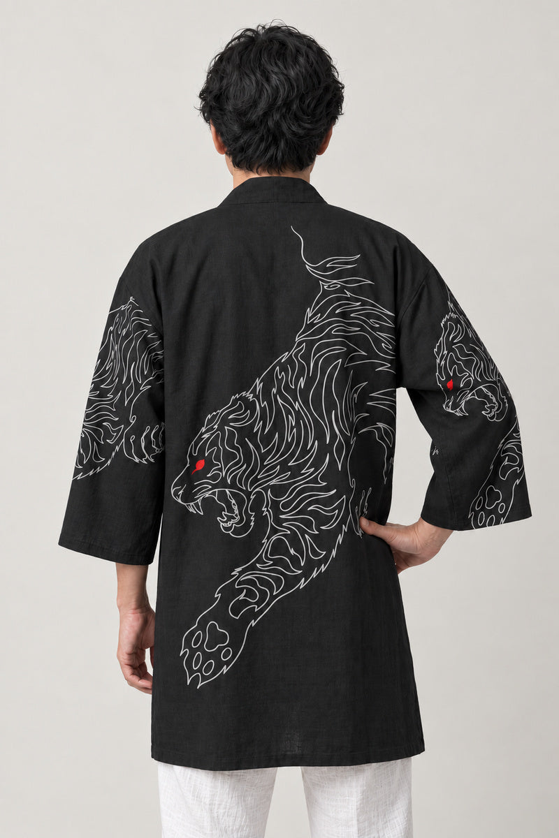 Black Line Tiger Happi Coat 'Sumitora' – back view of black happi coat showing the line-drawn tiger print