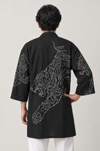 Black Line Tiger Happi Coat 'Sumitora' – back view of black happi coat showing the line-drawn tiger print