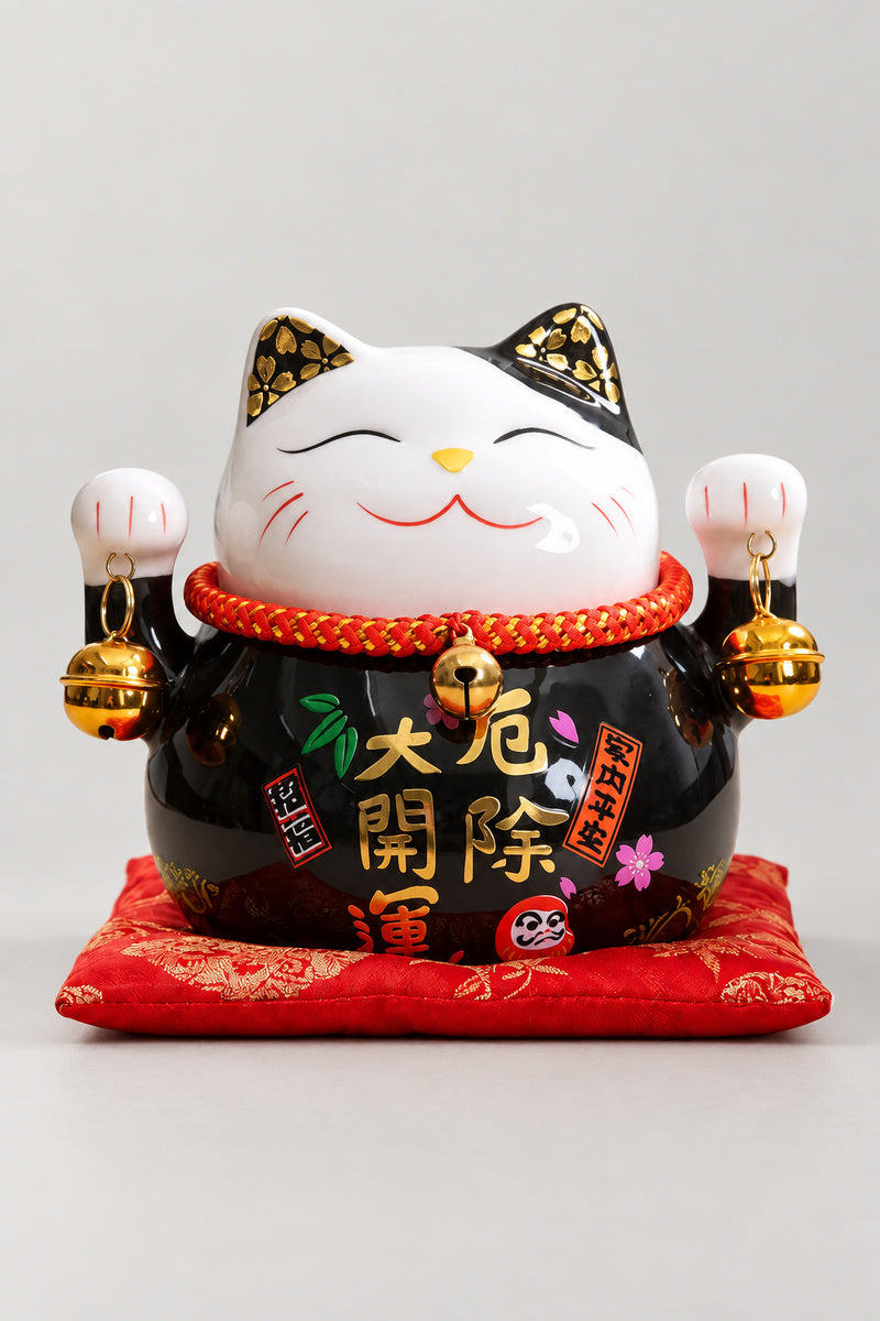 Black Maneki Neko 'Kuroneko' – black ceramic lucky cat with both paws raised and gold brushed characters against bad luck, Japanese maneki neko lucky cat figurine on a red brocade cushion, studio view