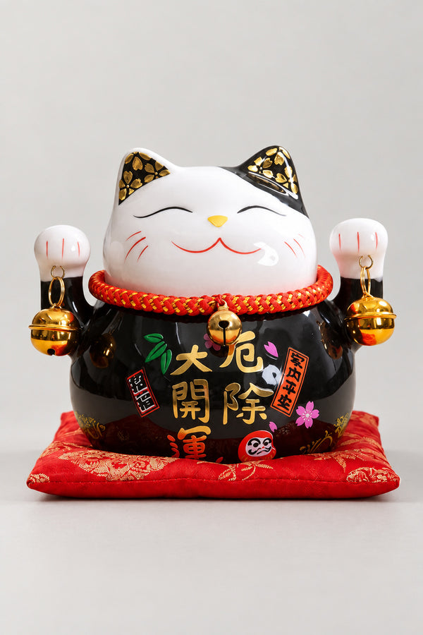 Black Maneki Neko 'Kuroneko' – black ceramic lucky cat with both paws raised and gold brushed characters against bad luck, Japanese maneki neko lucky cat figurine on a red brocade cushion, studio view