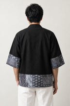 Black Patchwork Kimono Jacket 'Tsugihagi' – back view of black kimono jacket with Japanese patchwork border
