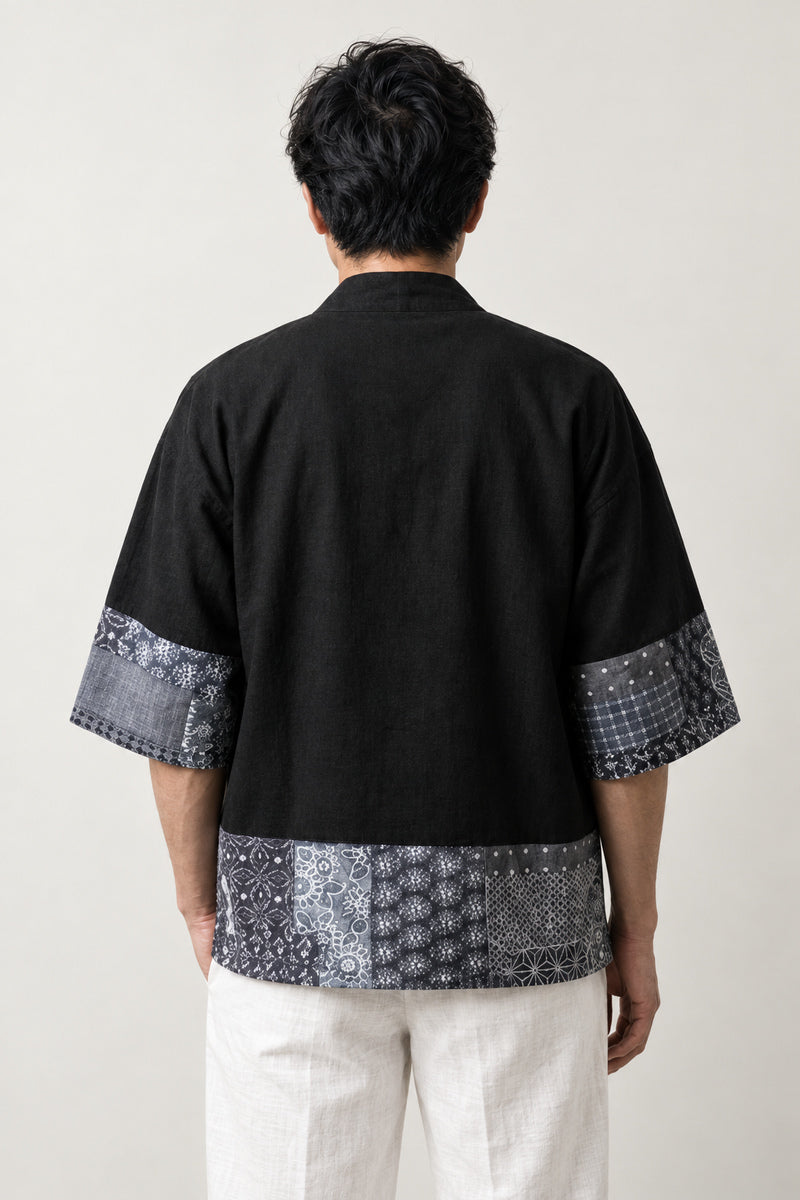 Black Patchwork Kimono Jacket 'Tsugihagi' – back view of black kimono jacket with Japanese patchwork border