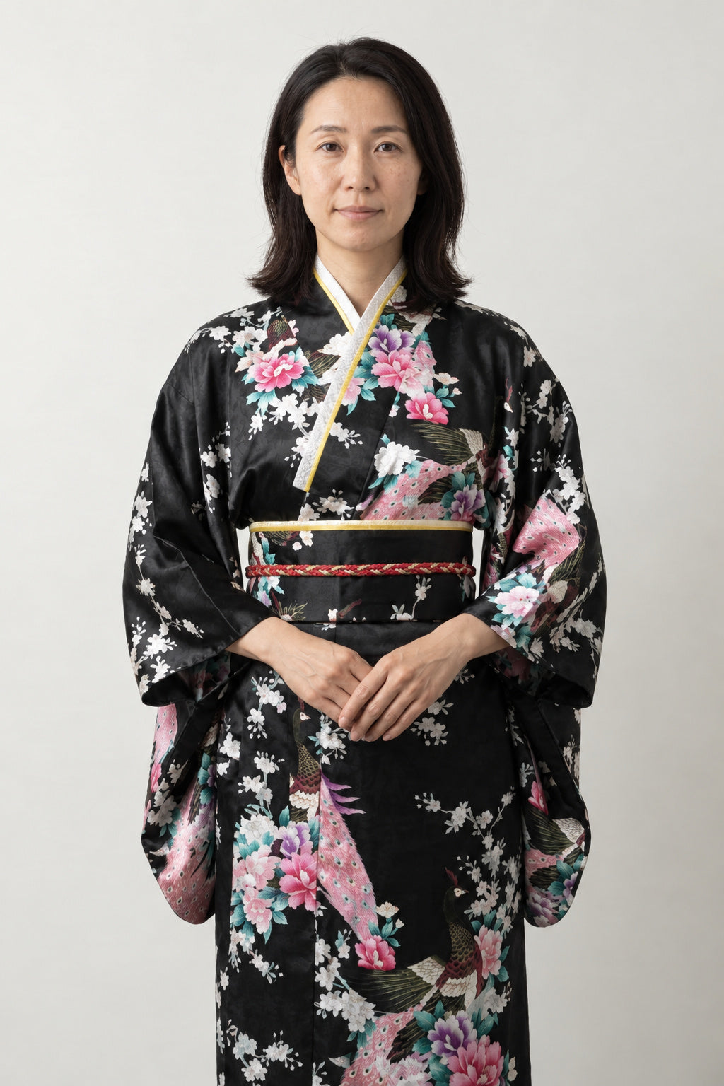 Black Peacock Kimono 'Oborozuki' – black women's kimono robe with pink peacock and floral print and obi sash, long Japanese satin-look kimono, front view on model