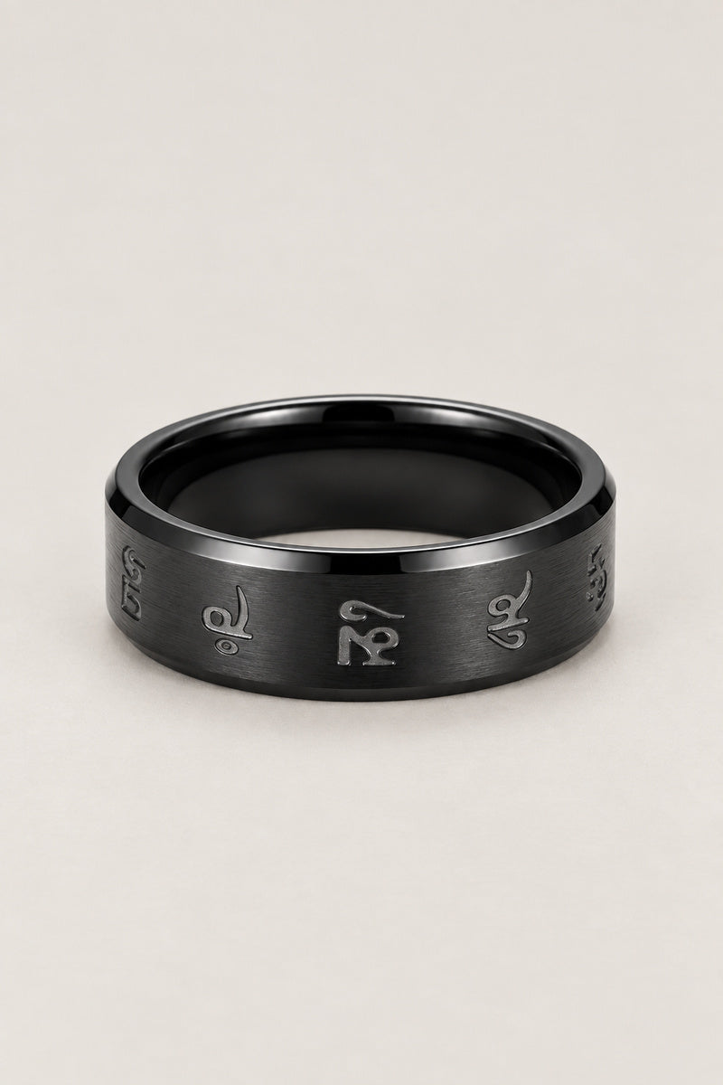 Black Sanskrit Ring for Men 'Bonji' – slim black stainless steel band ring engraved with Sanskrit mantra letters, men's Japanese ring, studio view