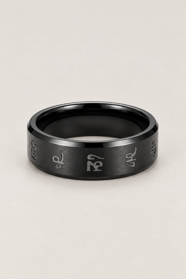 Black Sanskrit Ring for Men 'Bonji' – slim black stainless steel band ring engraved with Sanskrit mantra letters, men's Japanese ring, studio view