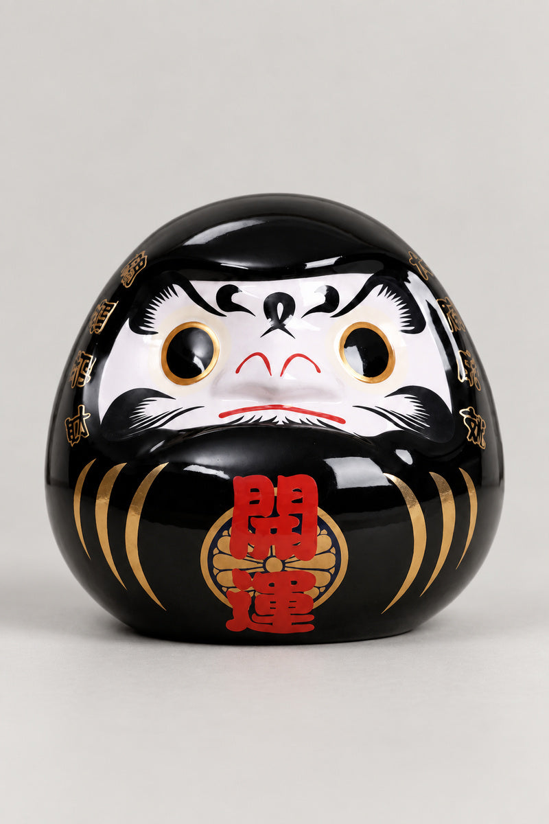 Black Shadow Daruma 'Kagemi' – black glossy ceramic daruma doll with both eyes painted, gold streaks and red kanji for opening luck on the belly, Japanese good luck doll, studio view