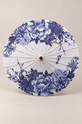 Blue and White Traditional Wagasa 'Aizome' – white parasol printed with indigo peonies at the edge and ink calligraphy, Japanese wagasa parasol with wooden frame and paper-effect canopy, open, studio view