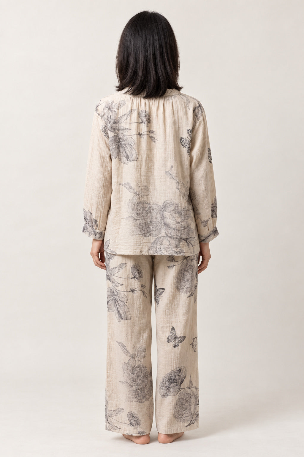Blue Butterfly Two-Piece Pajamas 'Chouka' – back view of butterfly print women's pyjama set