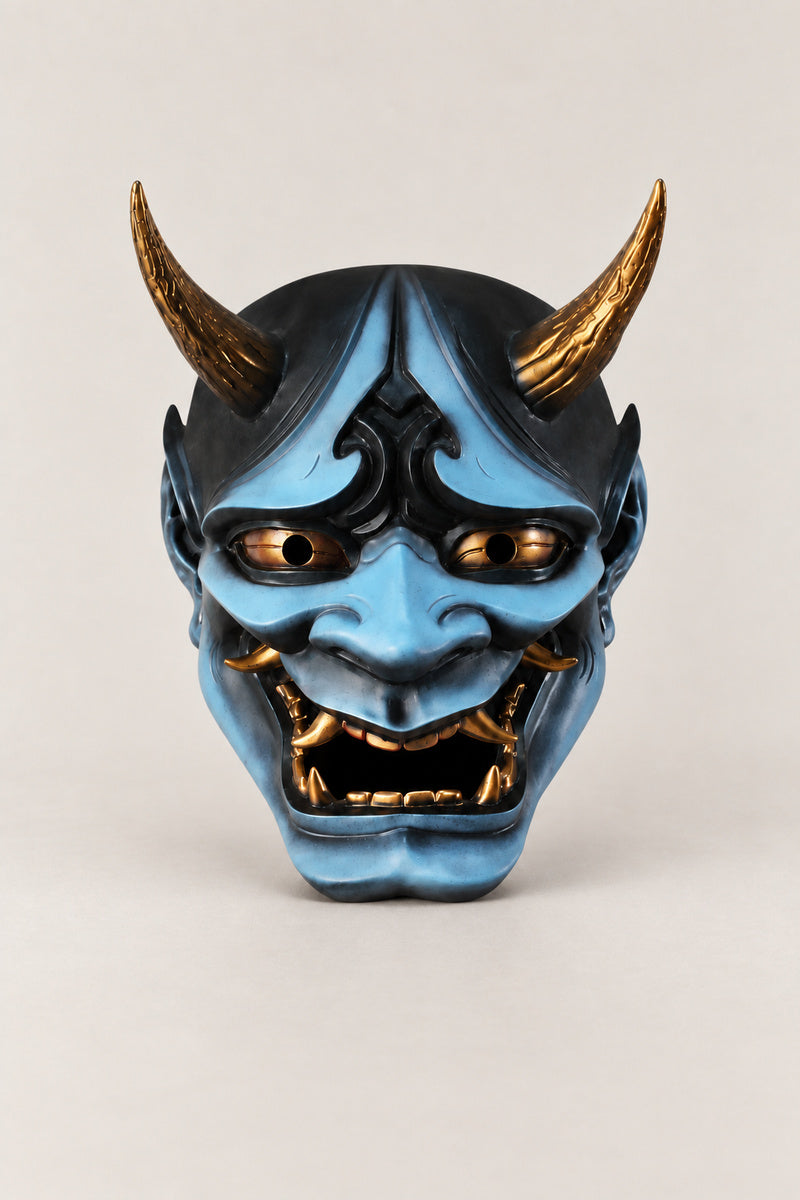 Blue Hannya Mask 'Namanari' – pale blue painted resin hannya mask with gold horns, eyes and teeth, Japanese Noh demon mask, studio view