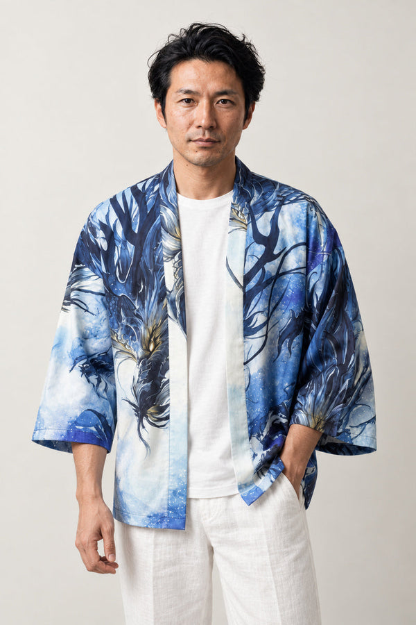 Blue Ink Dragon Kimono Jacket 'Sumi-e' – blue and white ink wash dragon print Japanese kimono jacket, unisex haori cardigan, front view on model
