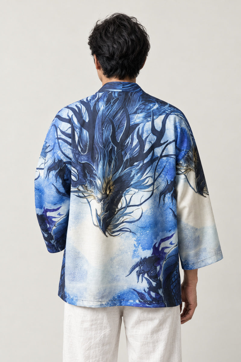 Blue Ink Dragon Kimono Jacket 'Sumi-e' – back view of kimono jacket showing the blue sumi-e ink dragon print