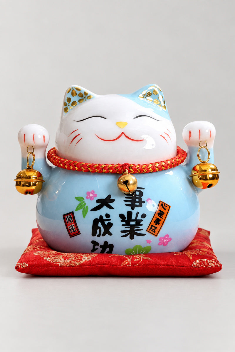 Blue Maneki Neko Money Box 'Aoneko' – sky blue ceramic lucky cat money box with both paws raised and a brushed wish for success in work, Japanese maneki neko lucky cat figurine on a red brocade cushion, studio view