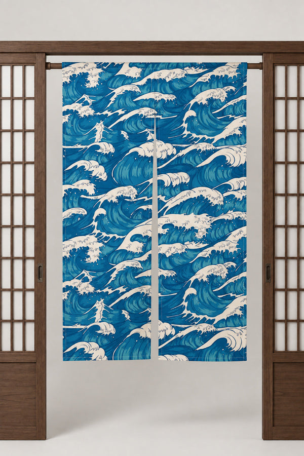 Blue Ocean Wave Noren 'Araumi' – bright blue noren with rolling waves and white foam, split Japanese noren door curtain hung on a rod between sliding screens, studio view