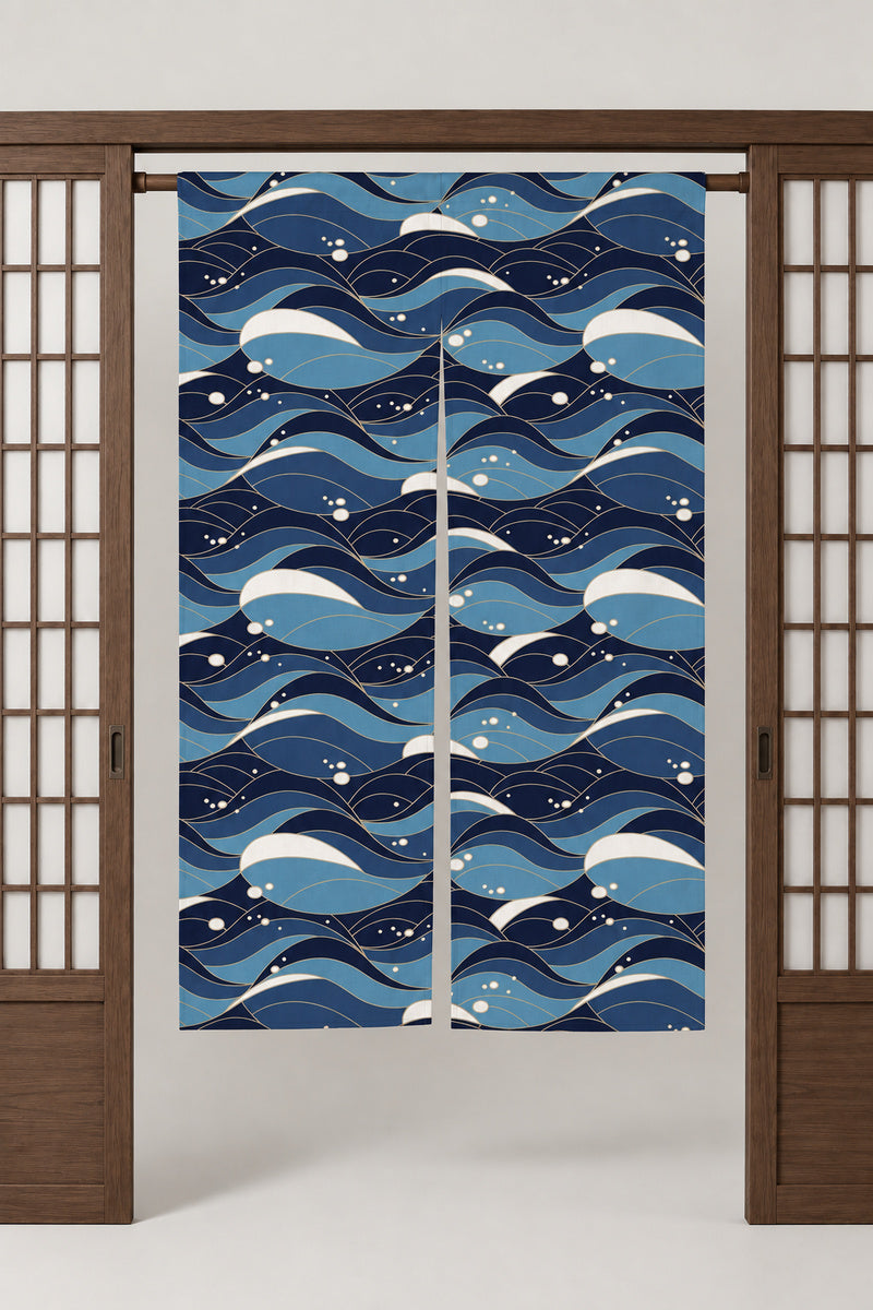 Blue Wave Band Noren 'Yokonami' – blue noren with waves in bands of three blues and white spray, split Japanese noren door curtain hung on a rod between sliding screens, studio view