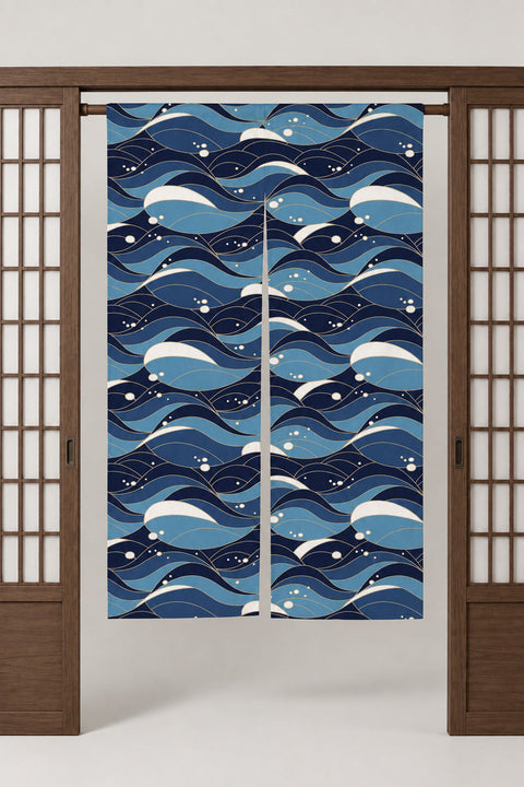 Blue Wave Band Noren 'Yokonami' – blue noren with waves in bands of three blues and white spray, split Japanese noren door curtain hung on a rod between sliding screens, studio view