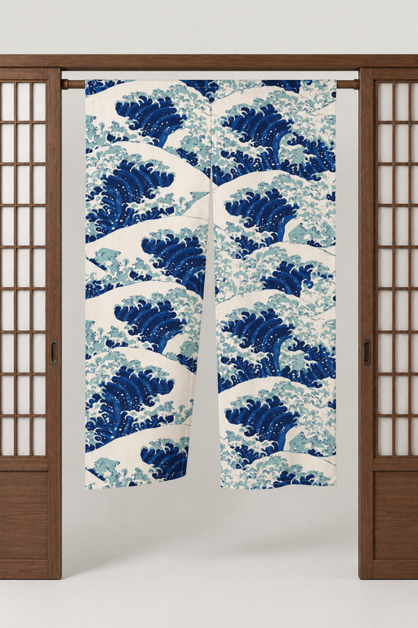 Blue Wave Rows Noren 'Namigumi' – cream noren with the great wave repeated in rows of blue and white, split Japanese noren door curtain hung on a rod between sliding screens, studio view