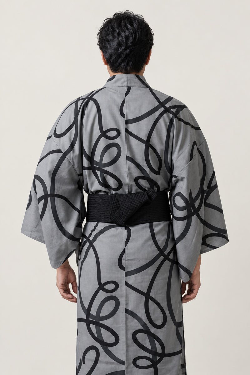 Bold Brushstroke Kimono 'Shodo' – back view of grey brushstroke print men's kimono with obi