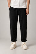 Brushed Winter Trousers 'Fuyugi' – black brushed winter trousers with elastic waist, Japanese streetwear pants, front view on model