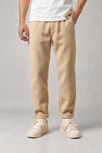 Brushed Winter Trousers 'Fuyugi' – camel brushed winter trousers, front view on model