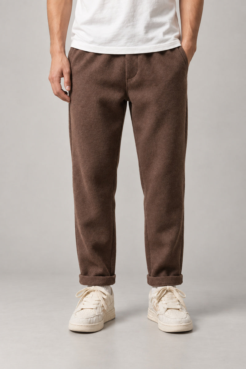 Brushed Winter Trousers 'Fuyugi' – chocolate brown brushed winter trousers, front view on model