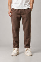 Brushed Winter Trousers 'Fuyugi' – chocolate brown brushed winter trousers, front view on model