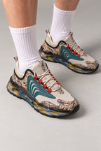 Bubble Sole Chunky Sneakers 'Awadama' – beige marbled chunky sneakers with clear multicolour bubble sole, Japanese streetwear sneakers worn with white socks, on model