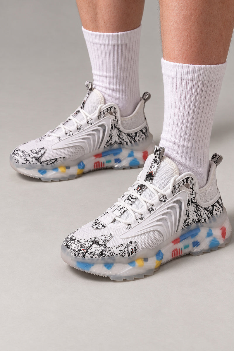 Bubble Sole Chunky Sneakers 'Awadama' – white version with black marble print and clear bubble sole, Japanese streetwear sneakers worn with white socks, on model